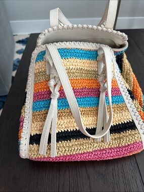 BTB Los Angeles Multicolor Striped Straw Tote with White Trim